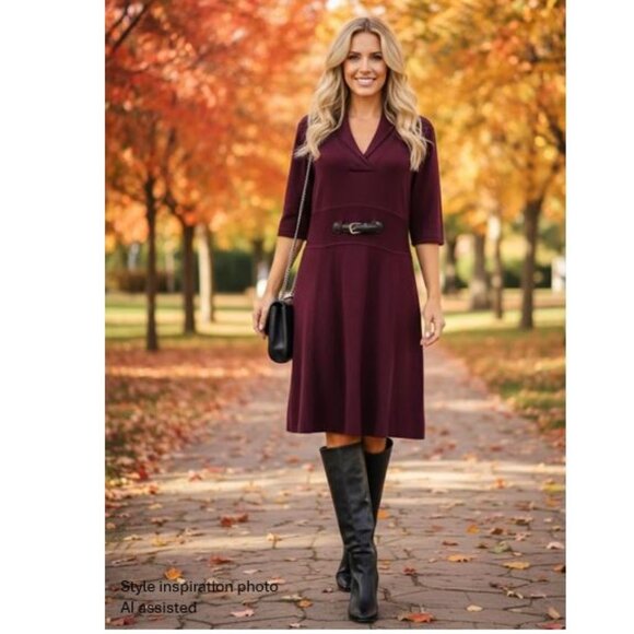 CALVIN KLEIN, v-neck maroon knit dress with front buckle detail - Picture 2 of 9